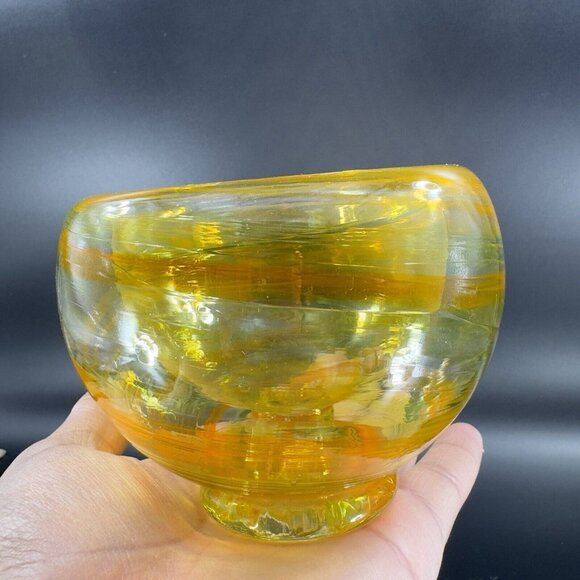 Hand Blown Bowl Dish Hand Made With Orange Yellow Swirls Crafted Glass Bowl Dish - Picture 15 of 16